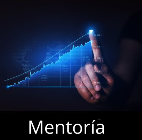 Gráfico de cotización en azul señalado por una mano, Mentoría de trading